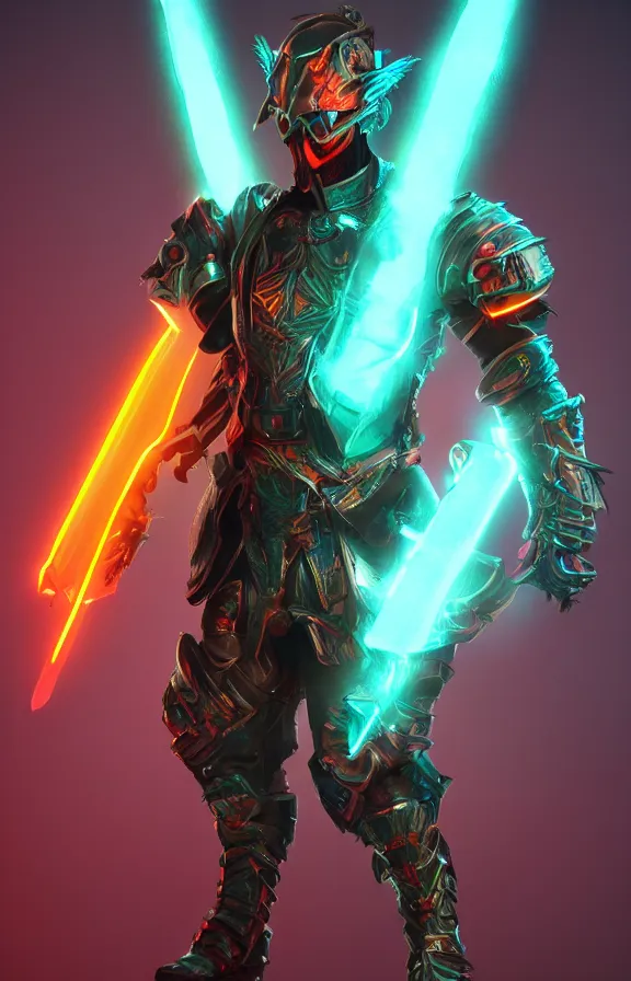 Prompt: fantasy neon warrior futuristic armor, great glowing sword, character art, 4k digital render, artstation
