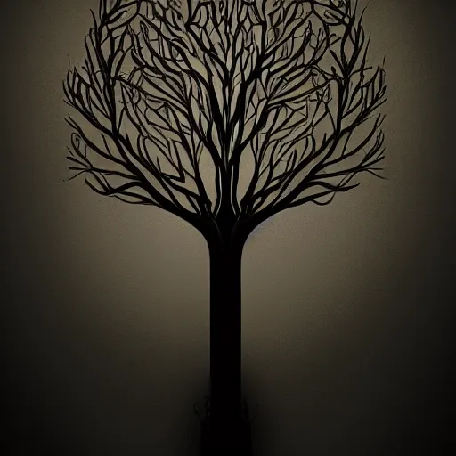 Prompt: Anthropomorphic treeof life in a dark room, face illuminated, hyperrealistic, artstation, 8k, concept art, very detailed, hd, digital painting, shadows, dimly lit, dramatic lighting