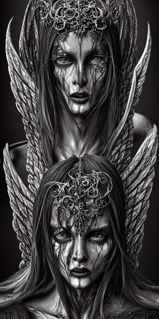 Prompt: hyper detailed ultra sharp of a beautiful azazello is one of the demonic and mystical characters in the work, a negative character in biblical stories, a fallen angel who opposed the will of god. trending on artstation, golden, delicate, facing camera, hyper realism, 1 4 5 0, ink, ultra realistic, 8 k