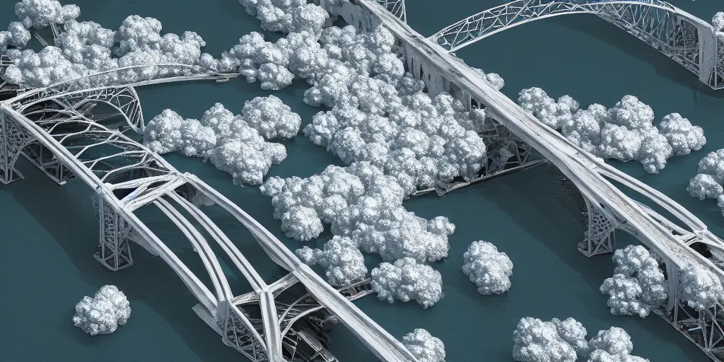 Prompt: explosions in the form of realistic white cotton plants on harbour bridge, huge white cotton everywhere on the destroyed harbour bridge, smooth, sharp focus, highly detailed, 3 d octane render, epic lighting, lots of white cotton, 8 k, by miyazaki