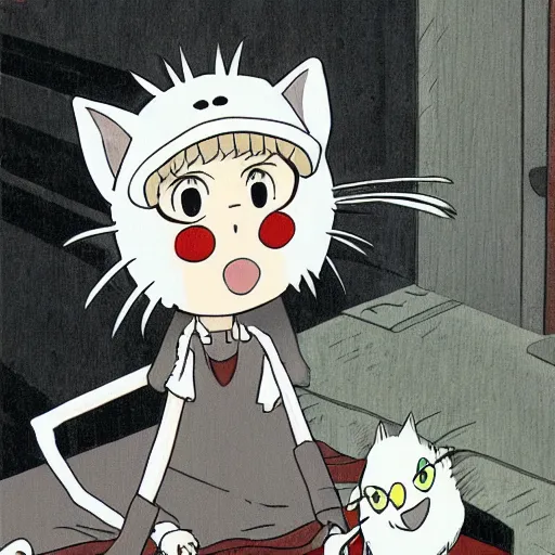 Image similar to by Hayao Miyazaki, Samuel Beckett as a cat girl, high res, anime, HD, studio ghibli.