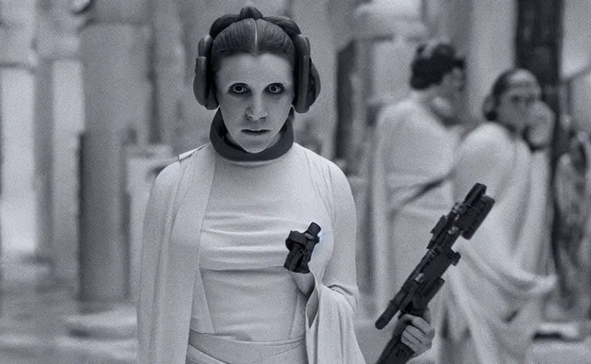 Image similar to portrait of Princess Leia alone at Jedi Temple scene from the last jedi, 2022, film by Stanley Kubrick, 4k serene, iconic , photoreal Carrie fischer, detailed stunning cinematography, hyper detailed, sharp, anamorphic lenses, kodak color film