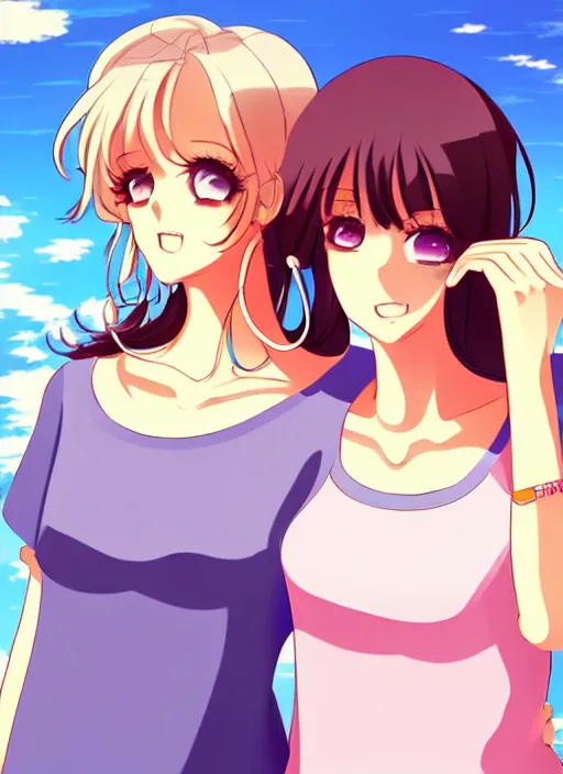 Prompt: two beautiful mothers in a summer home, sophisticated clothes, gorgeous faces, thick lines, cinematic lighting, detailed anime art