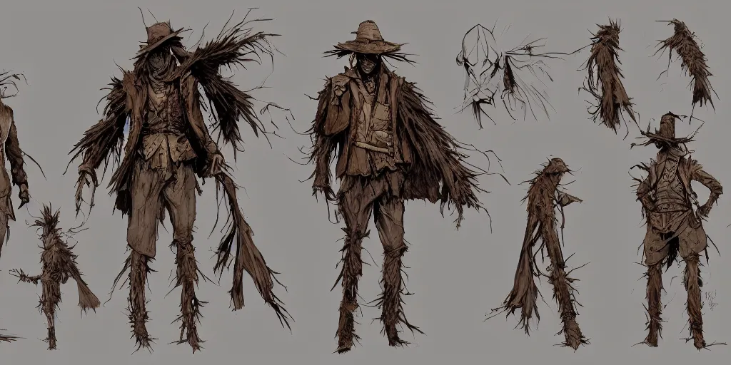 Image similar to the scarecrow, character sheet, concept design, contrast, kim jung gi, greg rutkowski, zabrocki, karlkka, jayison devadas, trending on artstation, 8 k, ultra wide angle, pincushion lens effect