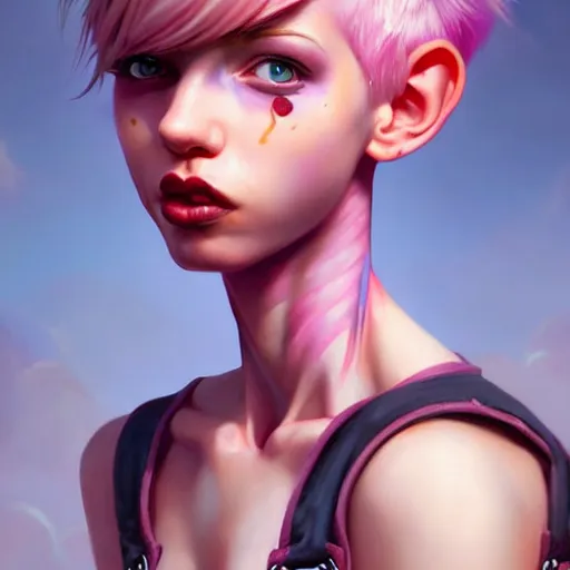 Image similar to full body pose, pixar, beautiful androgynous girl, pink pixie cut hair, torn overalls, short shorts, combat boots, fishnets, beautiful, highly detailed face, true anatomy!, extremely detailed!, digital painting, unreal engine 5, art by tom bagshaw