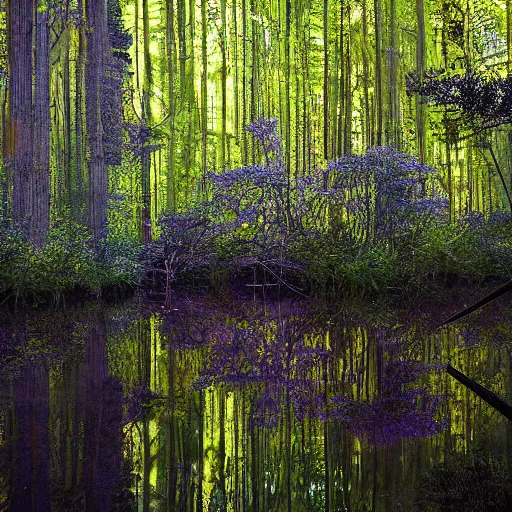 Prompt: tall glass forest flooding with beautiful water, bioluminescent, elegant, flowers, ethereal by rick oostenbroek