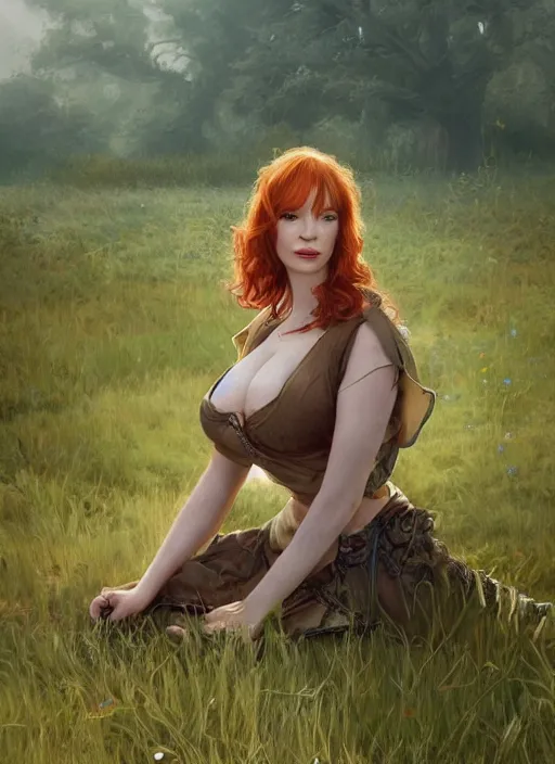 Image similar to Christina Hendricks taking a rest in a meadow after an long adventure, a ruggedly muscled handsome heroine, intricate, elegant, highly detailed, centered, digital painting, artstation, concept art, smooth, sharp focus, illustration, artgerm, donato giancola, Joseph Christian Leyendecker, WLOP, Artgerm, thunder storm