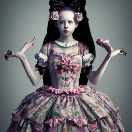 Image similar to 8 k, octane render, realism, tonalism, renaissance, rococo, baroque, cotton candy, portrait of a creepy young lady wearing long - harajuku manga - dress with flowers and skulls