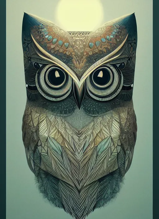 Image similar to portrait of a geometric owl, identical eyes, medium shot, illustration, full body made of white feathers, symmetrical, art stand, super detailed, cinematic lighting, and its detailed and intricate, gorgeous, by peter mohrbacher