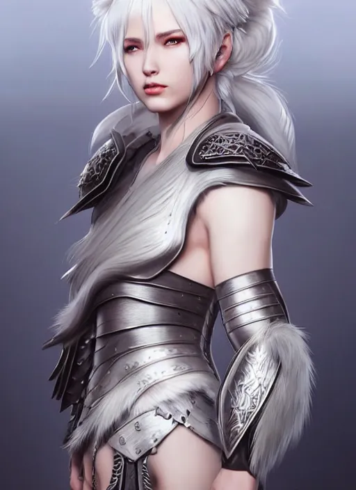 Image similar to warrior, fur leather armor!!! beautiful and elegant white hair female!! gorgeous ayes!! character concept art, sharp focus, octane render! unreal engine 5! highly rendered!! trending on artstation!! detailed linework!! illustration by artgerm, wlop, and chie yoshii