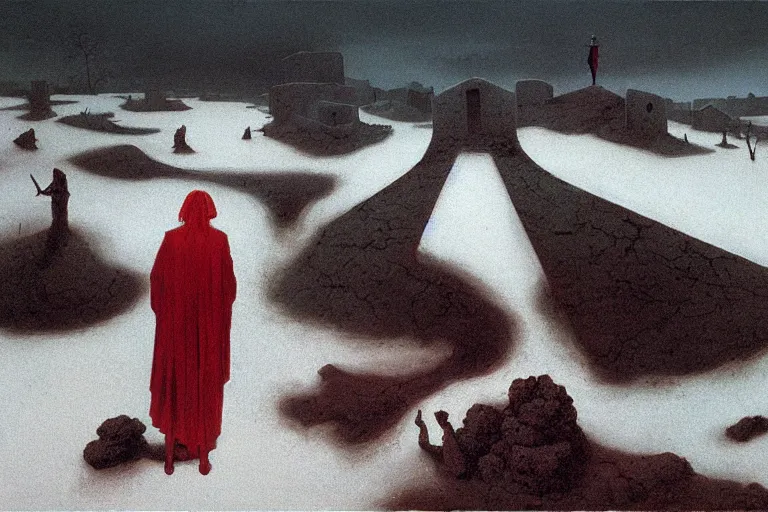 Image similar to a surrealist painting of a lonely woman with pale skin and red hair, standing over pile of bodies in post apocalyptic snowy landscape, painted by zdzisław beksinski