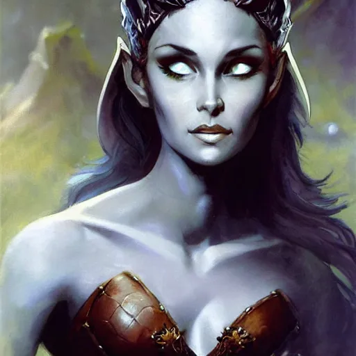 Image similar to elven queen character portrait by frank frazetta, fantasy, dungeons & dragons, sharp focus, beautiful, artstation contest winner, detailed