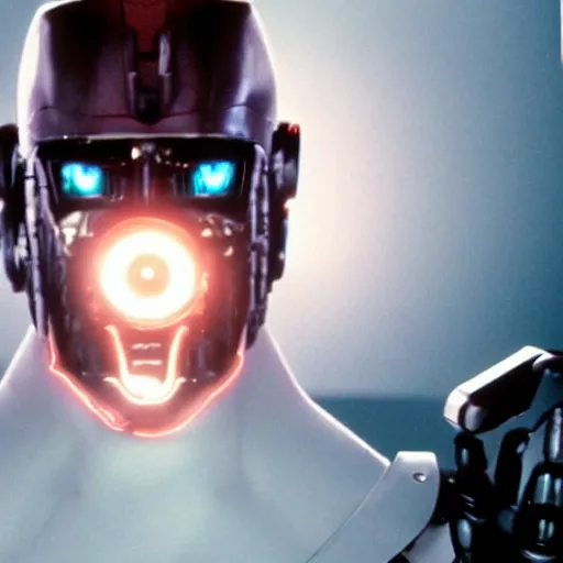 Image similar to movie still of a villain cyborg, facial expression, cinematic composition, cinematic light, surreal cinema, by edgar wright and david lynch,