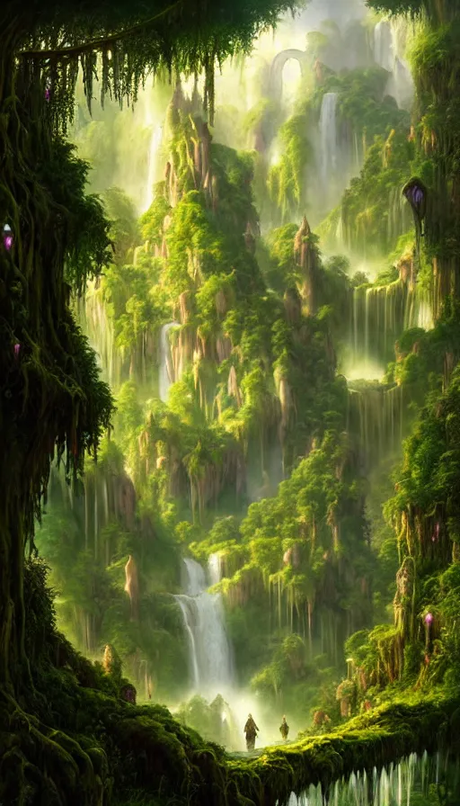 Image similar to fairy palace, castle towers, waterfall of gold and gems, gnarly trees, lush vegetation, forest landscape, painted by tom bagshaw, raphael lacoste, eddie mendoza, alex ross concept art matte painting