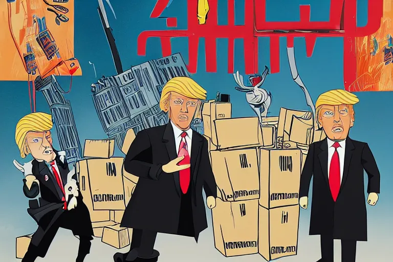 Image similar to 2 d poster illlustration donald trump and donald trump wearing trenchcoats and black spy hats, stacks of boxes everywhere and a safe broken open for the movie spy vs spy