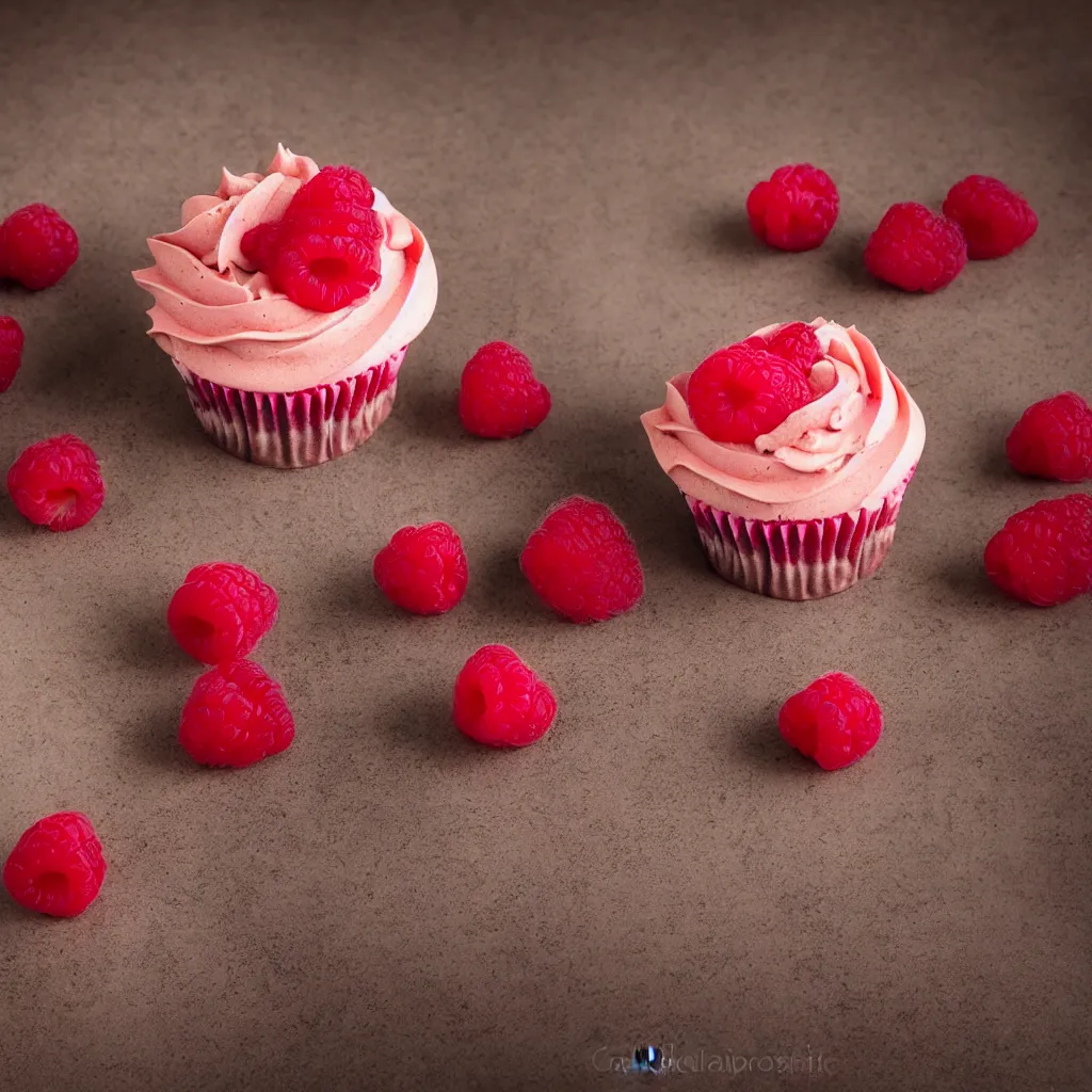 Image similar to raspberry cupcake, dynamic lighting, bokeh, carl zeiss 8 5 mm vintage lens, hyper realistic, award winning food photography