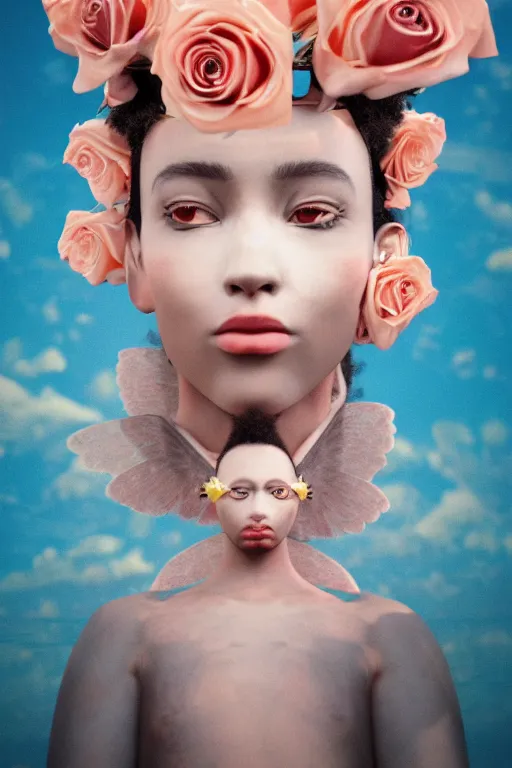 Image similar to milky crystal quartz eyeballs with wings. peach roses, background heavenly sky by basquiat, Trending on artstation. halo. octane render, cinematic, hyper realism, octane render, 8k, depth of field, 3D