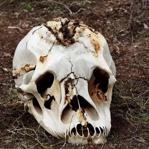 Prompt: a lions skull semi rotten, with visible flesh pieces, zombie