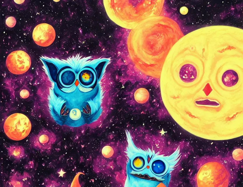 Prompt: the elder furby ruling over celestial bodies. this gouache painting by the award - winning mangaka has dramatic lighting, an interesting color scheme and intricate details.