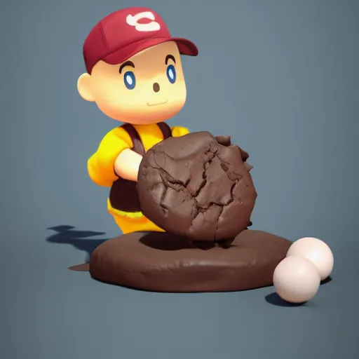 Image similar to ness from earthbound striking a giant chocolate cookie with a baseball bat, smashing it to bits by ruan jia. artstation, volumetric light, detailed, photorealistic, fantasy, rendered in octane