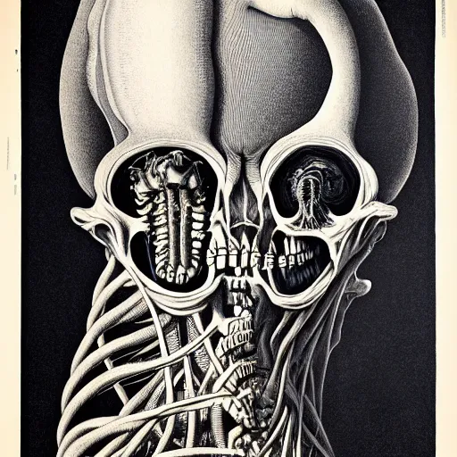 Image similar to surreal beast head anatomical atlas dissection center cut, lithography on paper conceptual figurative ( post - morden ) monumental dynamic soft shadow portrait drawn by hogarth and escher, inspired by goya, illusion surreal art, highly conceptual figurative art, intricate detailed illustration, controversial poster art, polish poster art, geometrical drawings, no blur