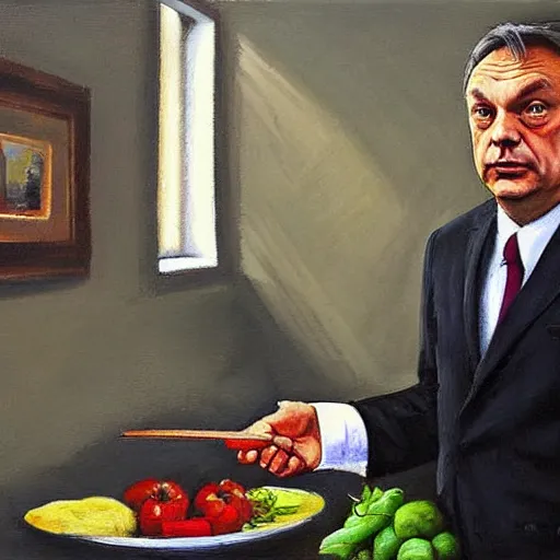Image similar to viktor orban in his kitchen, oil painting