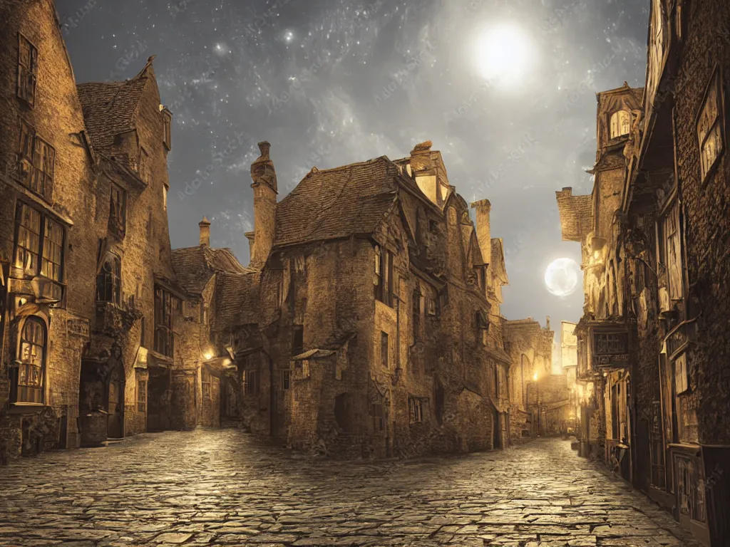 Image similar to moonlit medieval city street, moon covered with thin long horizontal clouds, photorealistic