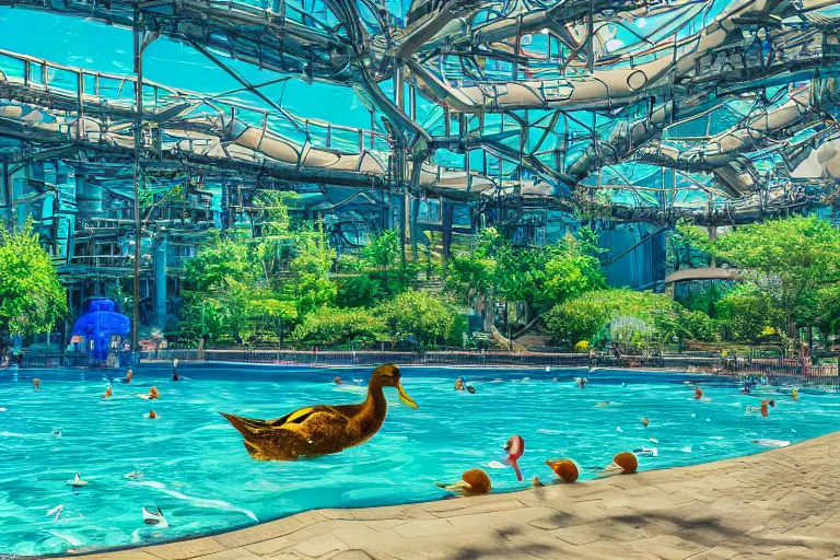 Image similar to photo of a big duck in the waterpark in a beatiful reflective pool, intricate, 8k highly professionally, detailed, HDR, CGsociety