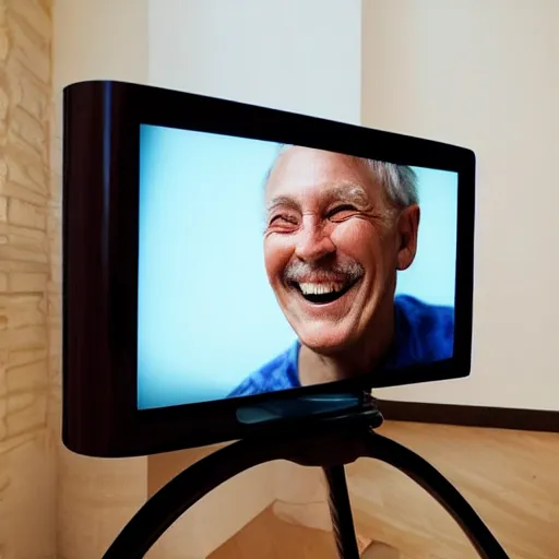 Prompt: a smiling old man on a tv screen