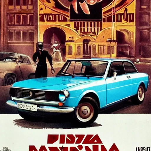 Prompt: @fiat 124 berlina@ in soviet city. Film poster. Epic cinematic