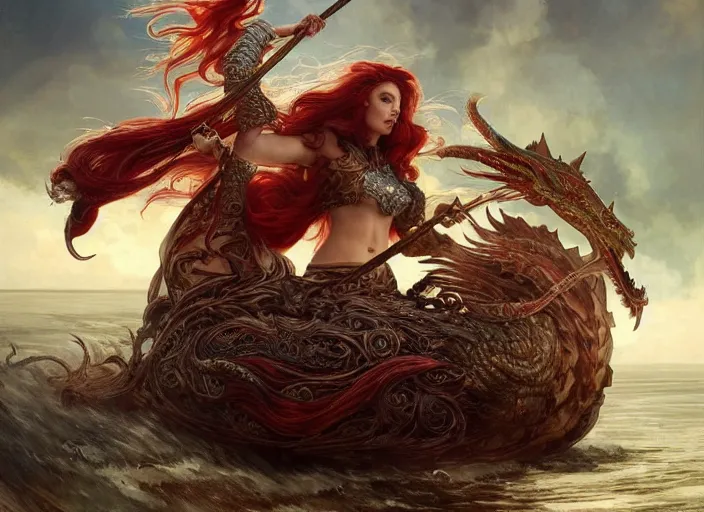 Image similar to A gorgeous Norse Goddess with long flowing red hair in her chariot being pulled by a dragon, fantasy, intricate, elegant, highly detailed, D&D, digital painting, artstation, concept art, matte painting, sharp focus, illustration, in the style of Greg Rutkowski and Alphonse Mucha and artemisia gentileschi