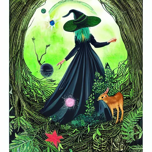 Image similar to A beautiful witch in a green forest, surrounded by different animals, drinking water from a stream, against the background of a shooting star, and a bright supernova, photo realism, 768