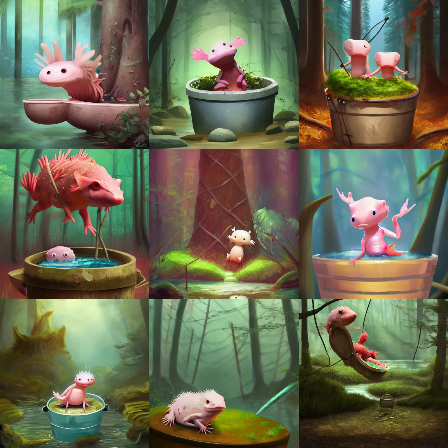 Image similar to axolotl sitting in a bucket with a forest background, award winning art, trending on artstation, digital art, painting, matte painting, render