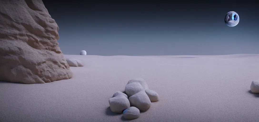 Image similar to octane render uhd, filmic lighting, cinematic art shot, hyperrealistic, hyperdetailed, super detailed, 8 k, high resolution, sandy white moon landscape, white rocks made of bone, 8 k uhd matte painting, mega high white mountain, midnight