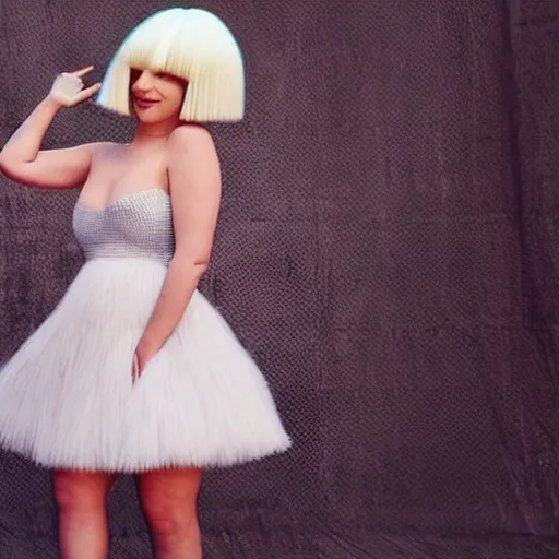 Image similar to Sia furler photoshoot wearing a dress full body puffy wig