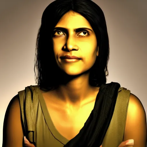 Prompt: indian cyberpunk woman with an elated expression, chiaroscuro portrait