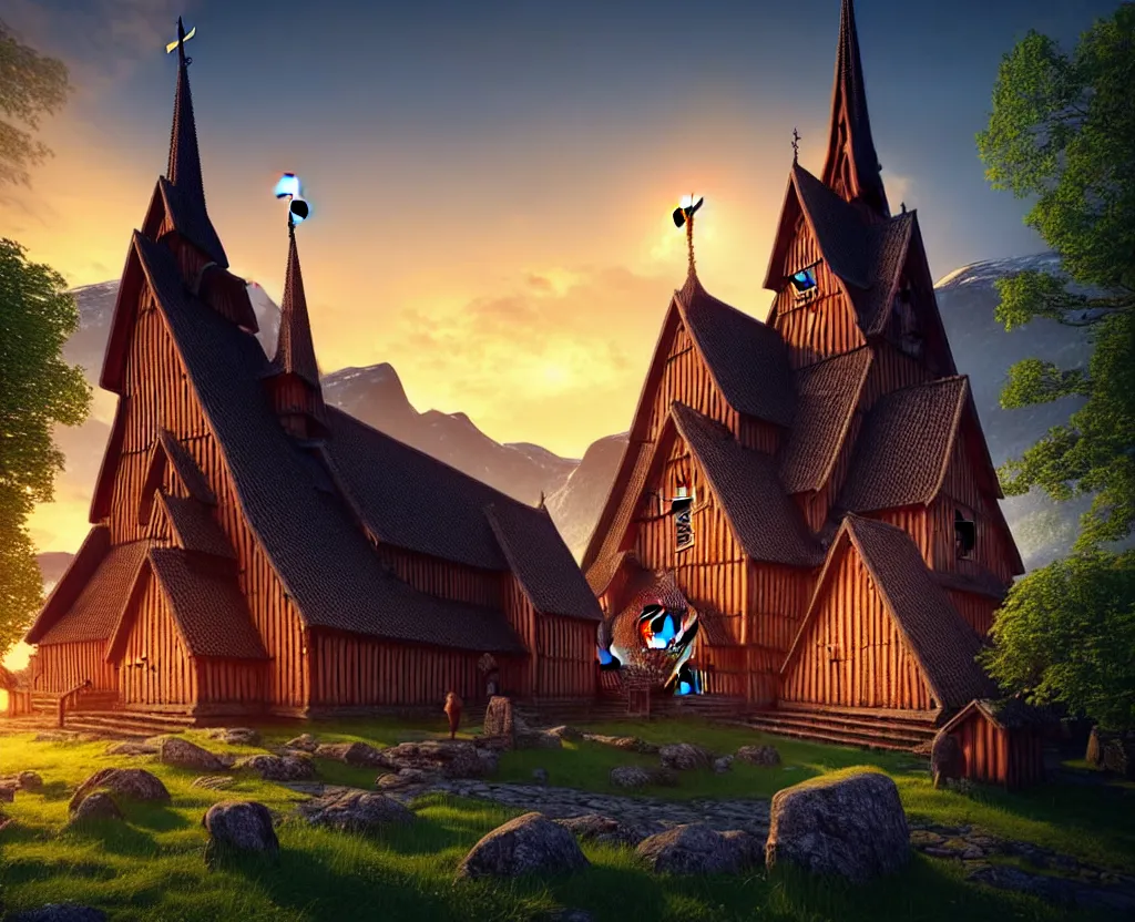 Image similar to Hopperstad Stave Church, medieval wooden church by norwegian fjord, beautiful scenery, mountains, sea, rocks, evening sunset, birds returning to their nest, a matte painting by Filip Hodas, featured on cgsociety, magical realism, matte painting, anamorphic lens flare, concept art