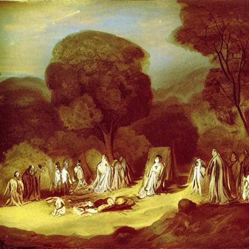 Prompt: goya forest with a cult performing a ritual with a bonfire where a goat flies
