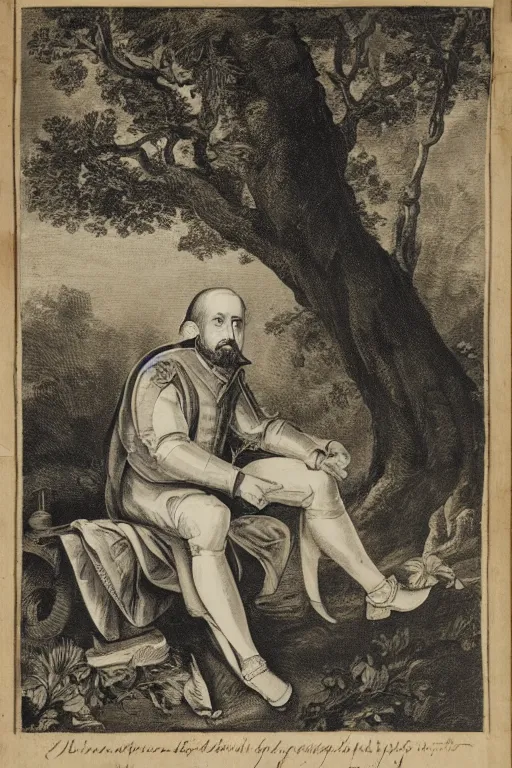 Image similar to shakespeare sitting beneath a shade tree with a big pile of crumpled parchment behind him