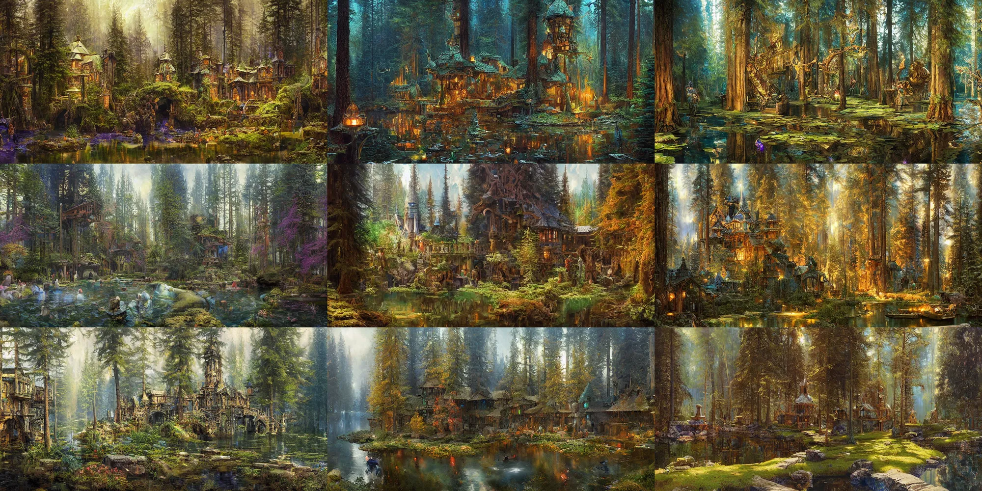 Prompt: school of magic near the lake in coniferous forest, fantasy, highly detailed, intricate, digital paining, matte painting, art by finnian macmanus, thomas scholes, donato giancola