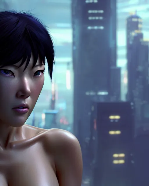 Image similar to weta disney pixar movie still portrait photo of motoko kusanagi the major ghost in the shell : : as cyborg woman by pixar : : by weta, wlop, ilya kuvshinov, rossdraws, artgerm, marvel, maxim cover, latex, octane render, sweaty, iridescent, bright morning, anime, octane render, 3 dcgi : :