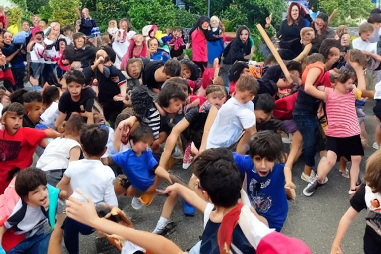 Image similar to angry mob of children violently protesting kindergarden food