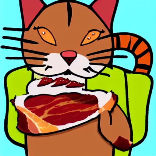 Image similar to A sticker with a cat eating a bacon.Cartoon.digital art.high quality.high accuracy.colorful.beautiful