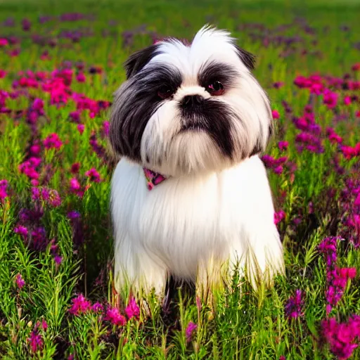 Prompt: shih tzu in a field full of flowers, photo realistic, with a sunset