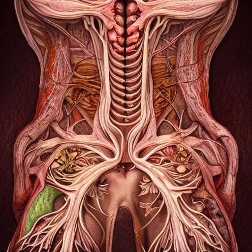 Image similar to a beautiful detailed photo of a two sides rotten woman corpse morphing into fractal plants and fractal flowers and mushrooms, muscles, veins, anatomical, intricate, ornate, volumetric light, beautiful lit, romero ressendi