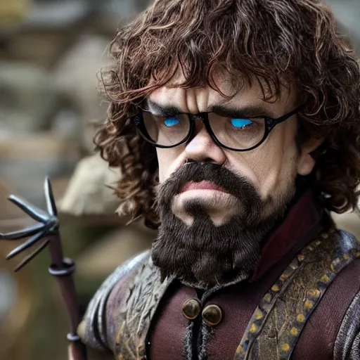 Prompt: peter dinklage as a fantasy dwarf magician with braided beard and gemstone goggles