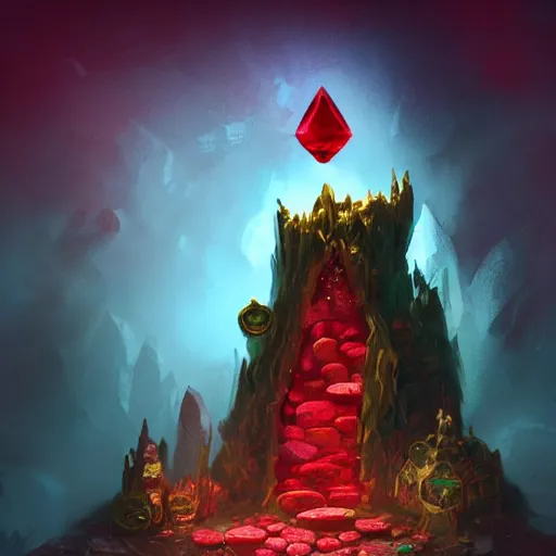 Image similar to a red ruby throne atop a mountain of gold coins and treasure, glowing in a dark cavern, concept art, fantasy, realistic, 8k, moody, atmospheric, artstation award