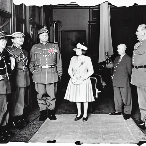 Image similar to ultra wide 1 9 4 6 historical photo 8 5 mm of a single german general signing a peace treaty, a young queen elizabeth holds a corgi and watches the general sign the treaty, french village interior, highly detailed, sharp focus