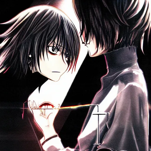 Image similar to L·Lawliet kissing Light Yagami,Official character illustration,Popular on Pixiv,Death Note,fantasy cherry blossom background