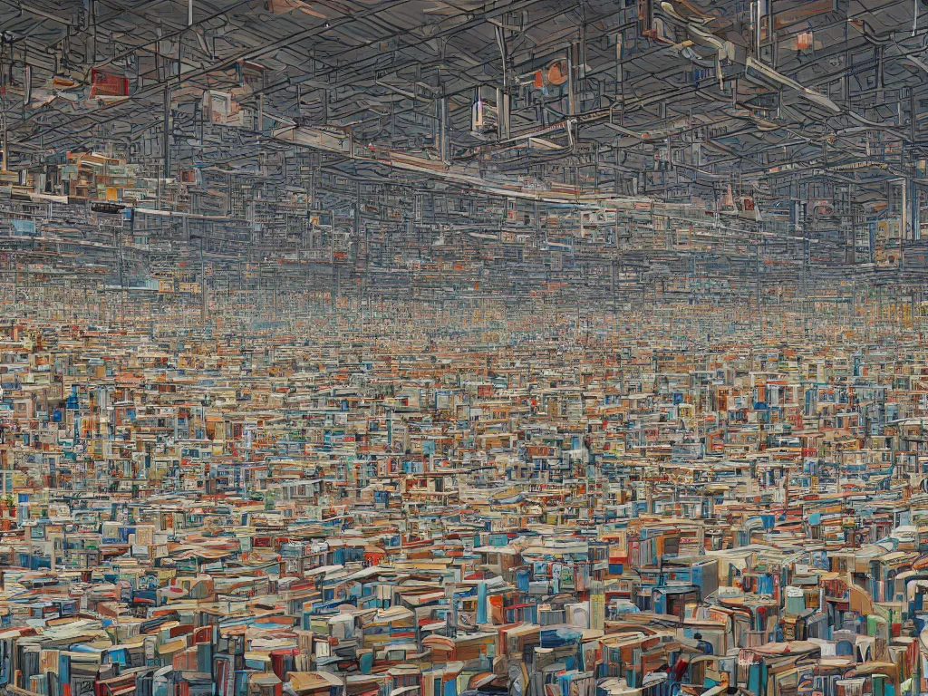 Image similar to a contemoprary painting of a warehouse with huge shelves in which stacks of paper are stored by james jean, trending on artstation, graffiti by digitaldoes